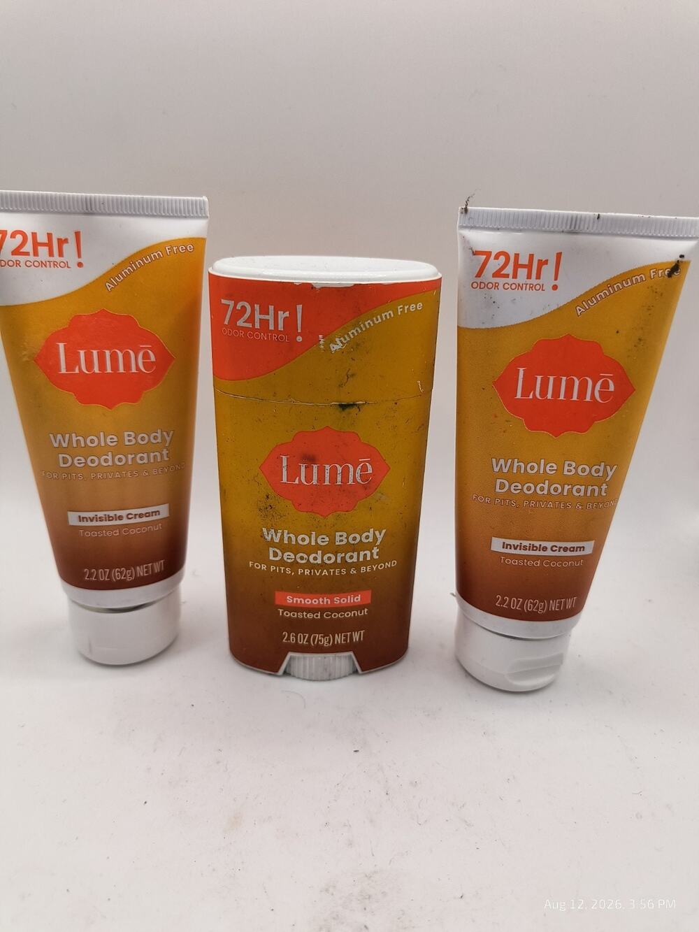 Lume Whole Body Deodorant Lot Toasted Coconut Smooth Solid Stick + Cream 72HR